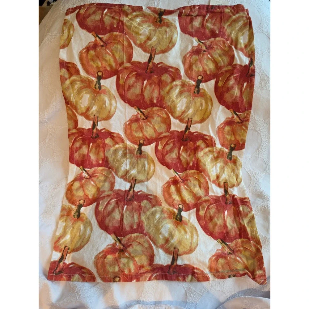 Autumn Pumpkin Print Cotton Tea Towel Fall Harvest Kitchen Decor Orange Red